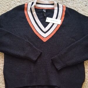 Black V-Neck Sweater with Striped Collar